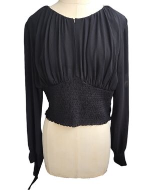 bebe Black Cropped Long Sleeve Top with Tie Cuffs